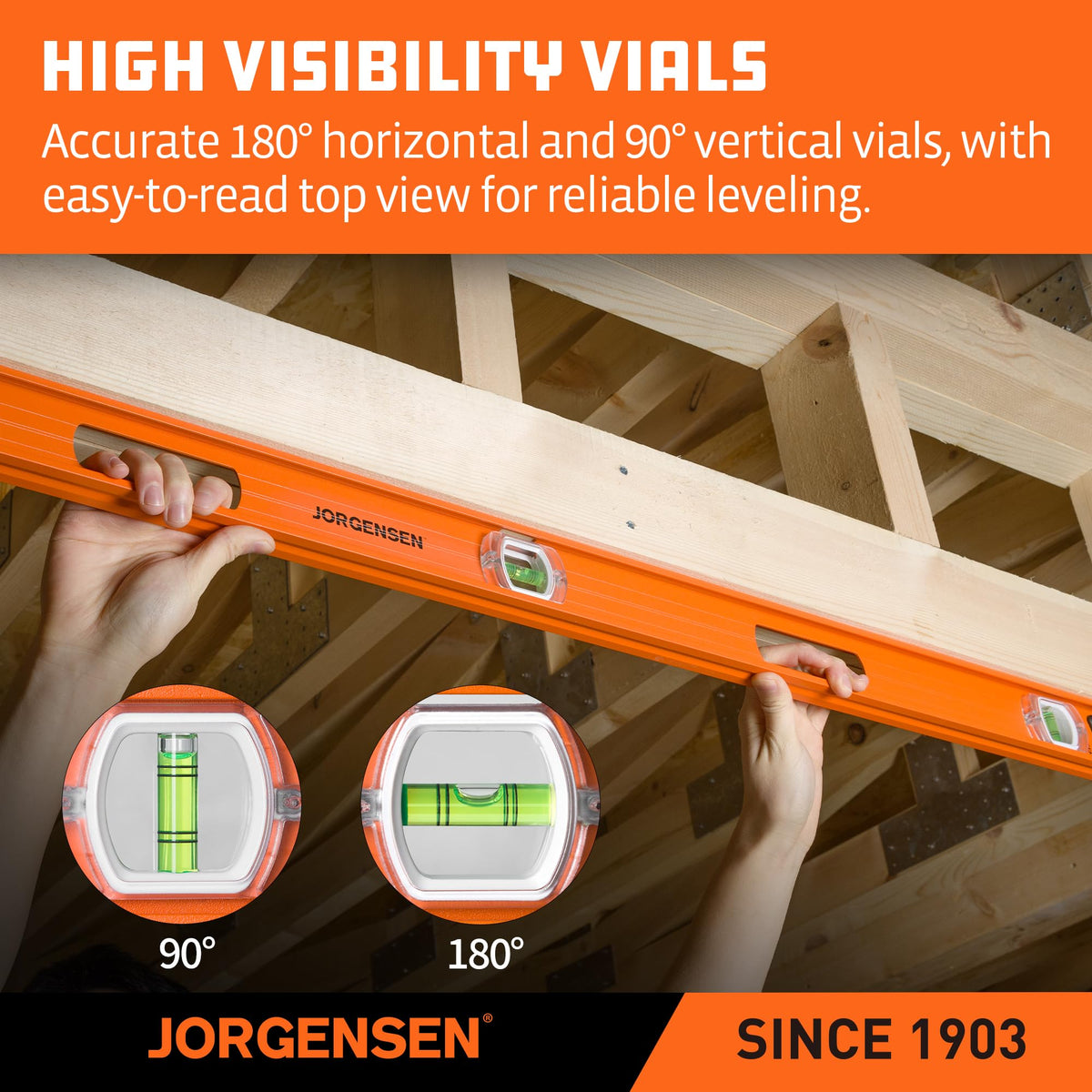 Jorgensen 48-inch level top-view vial enables quick readings from above.