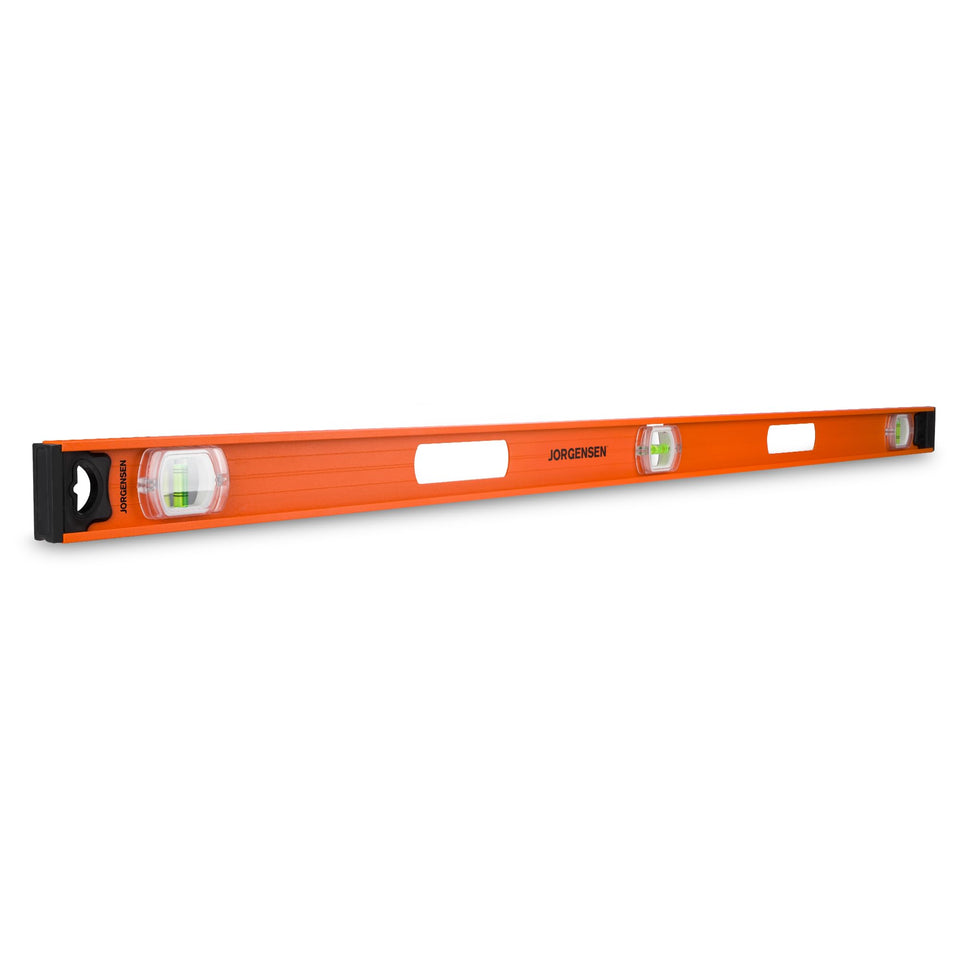 Jorgensen 48-inch level with V-groove for precise pipe contact and stable readings.