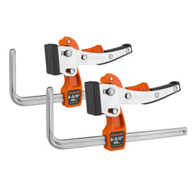 Jorgensen 6-5/8 inch ratcheting clamp engages a rail for precise cuts.