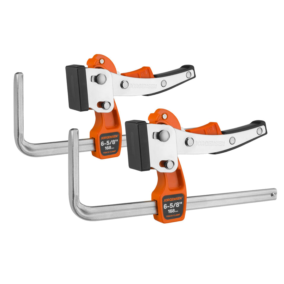 Jorgensen 6-5/8 inch ratcheting clamp engages a rail for precise cuts.