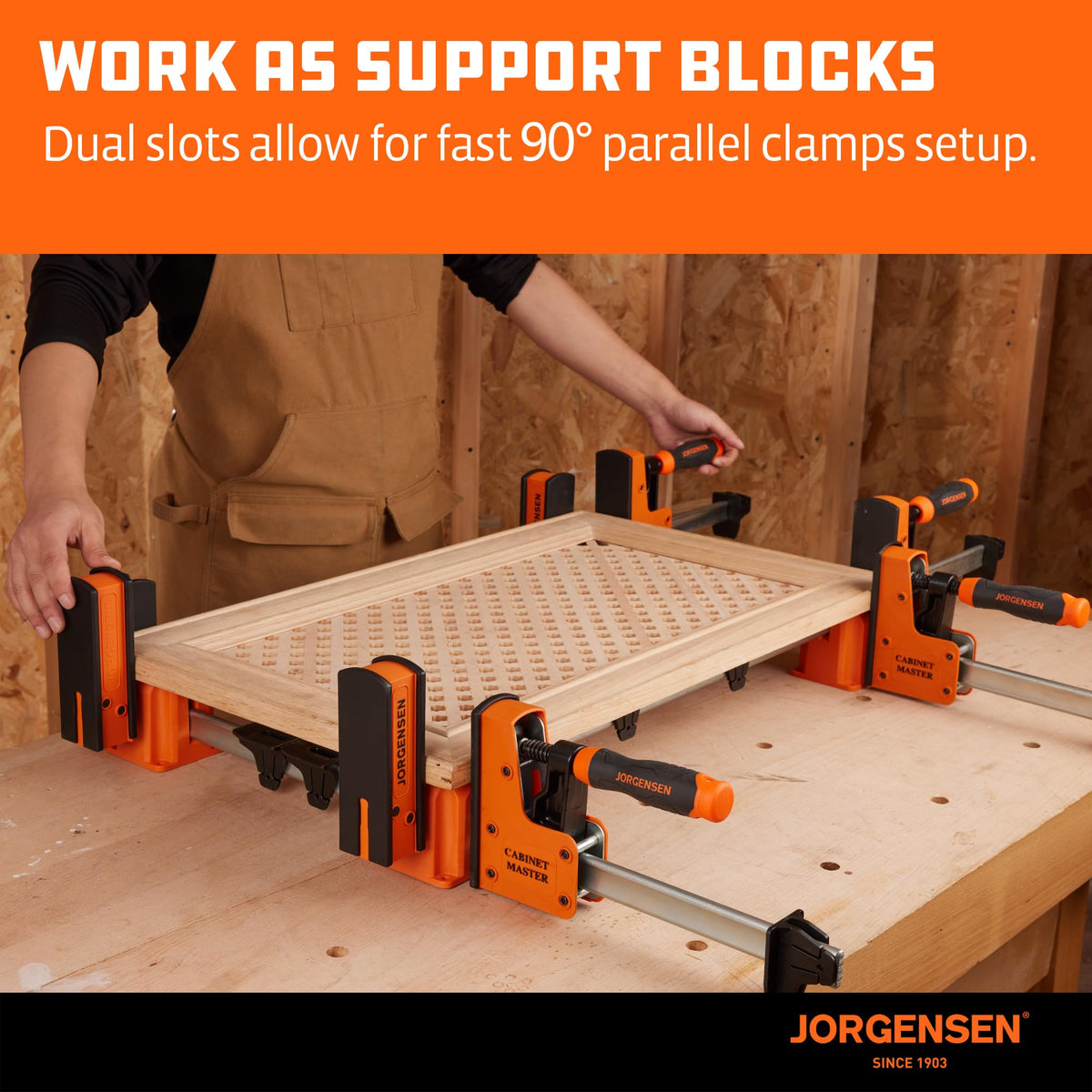 Jorgensen 90-degree alignment guides perfect right-angle joints in woodworking.