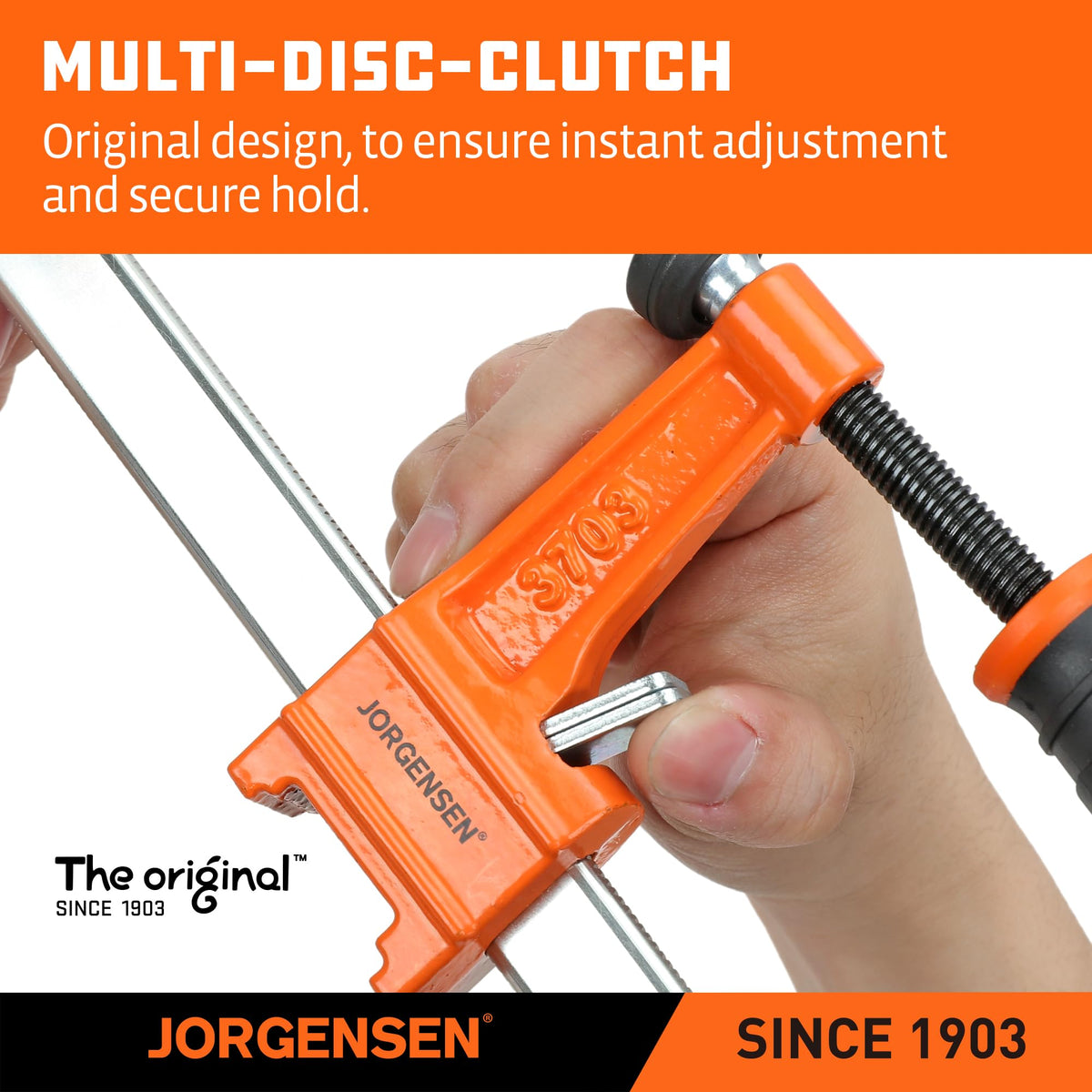 Jorgensen bar clamp 600lbs load capacity supports sturdy clamping on woodworking projects.