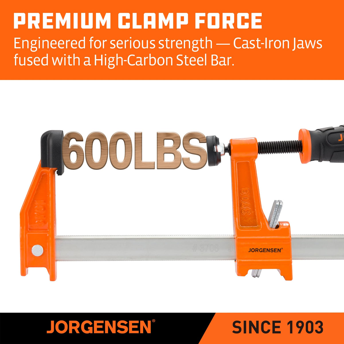 Jorgensen bar clamp sliding-head closeup demonstrates fast adjustments in close quarters.