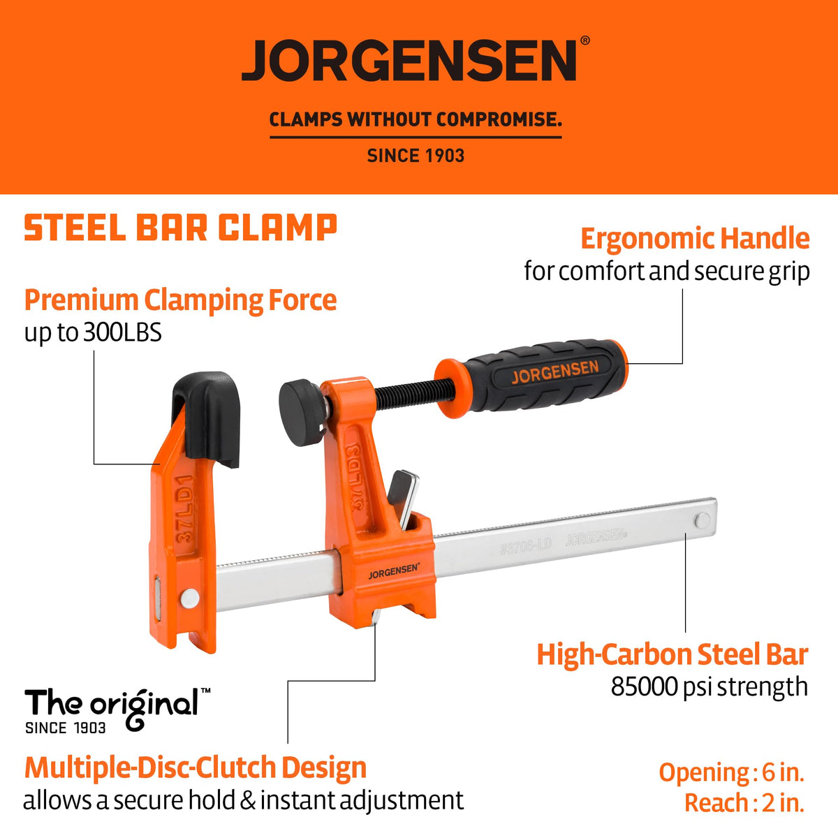 Jorgensen clamp shows 2-inch throat depth for precise hold