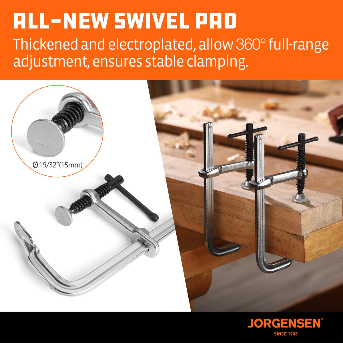 Jorgensen bar clamps with 450 pounds clamping force stabilize heavy pieces.