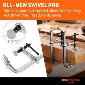 Jorgensen bar clamps with 450 pounds clamping force stabilize heavy pieces.
