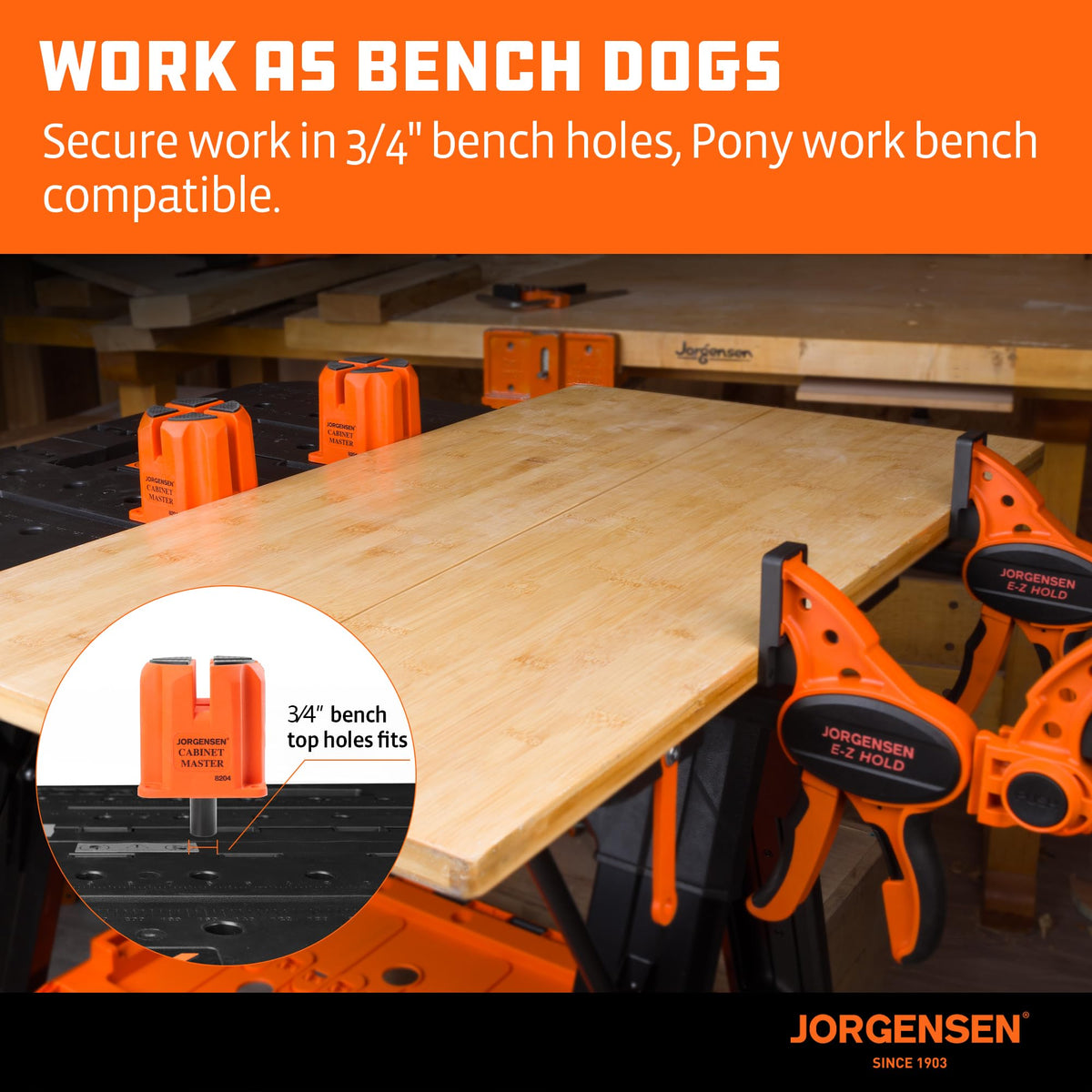 Jorgensen bench-dog hole 3-4in provides stable support during cutting.