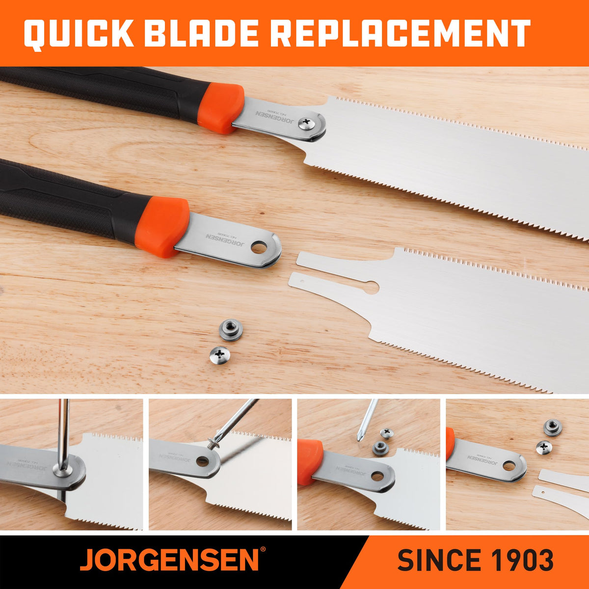 Jorgensen replaceable blade release allows quick blade changes.