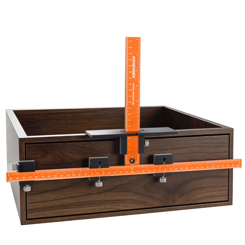 Jorgensen cabinet hardware jig tool featuring durable aluminum construction for stable drilling.