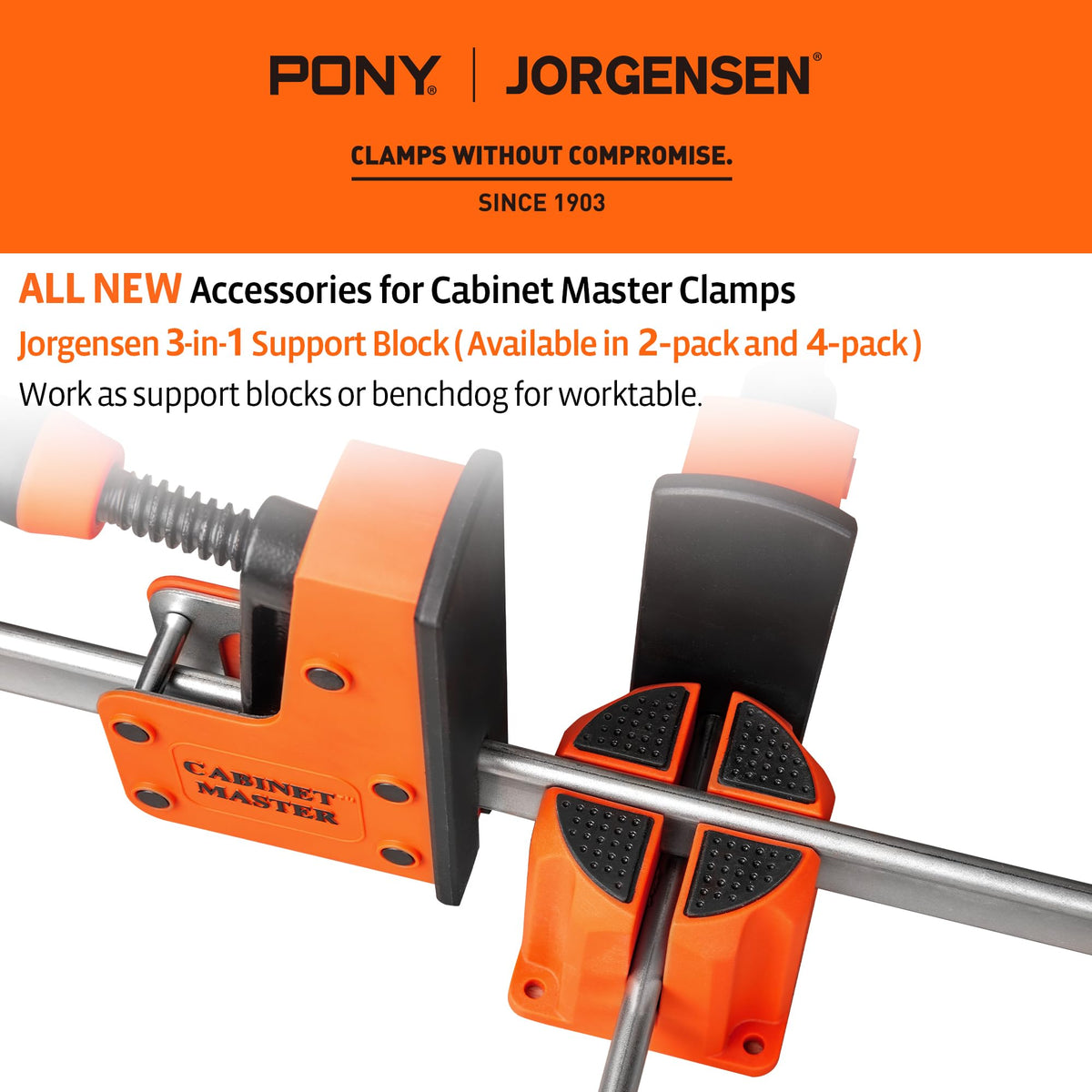 Jorgensen Cabinet Master parallel clamp mount enables quick, secure cabinet gluing.
