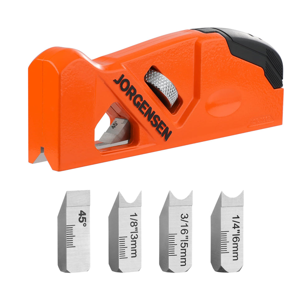 Jorgensen chamfer plane enables precise edge trimming with four interchangeable heads.