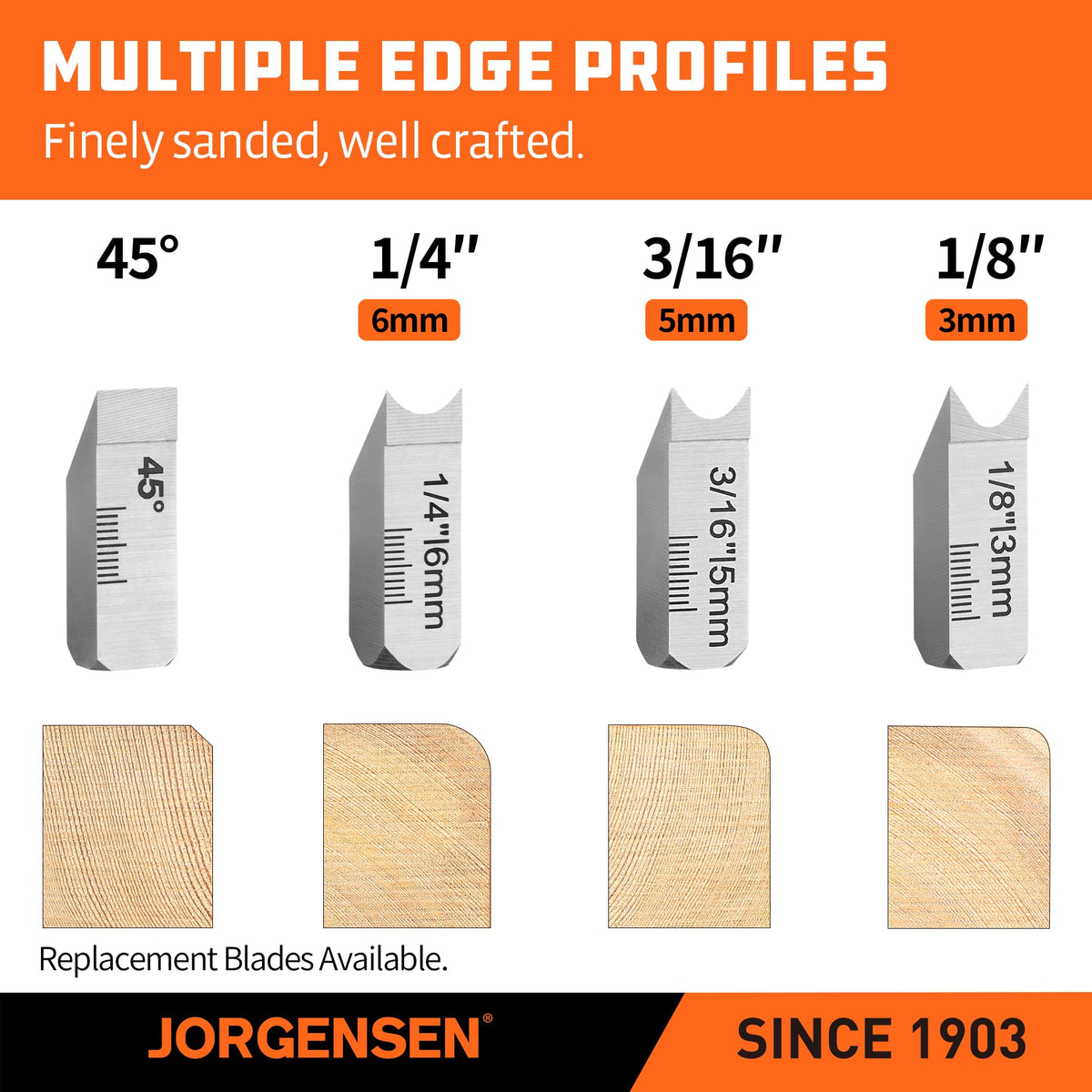 Jorgensen chamfer plane storage compartment keeps blades organized and secure.