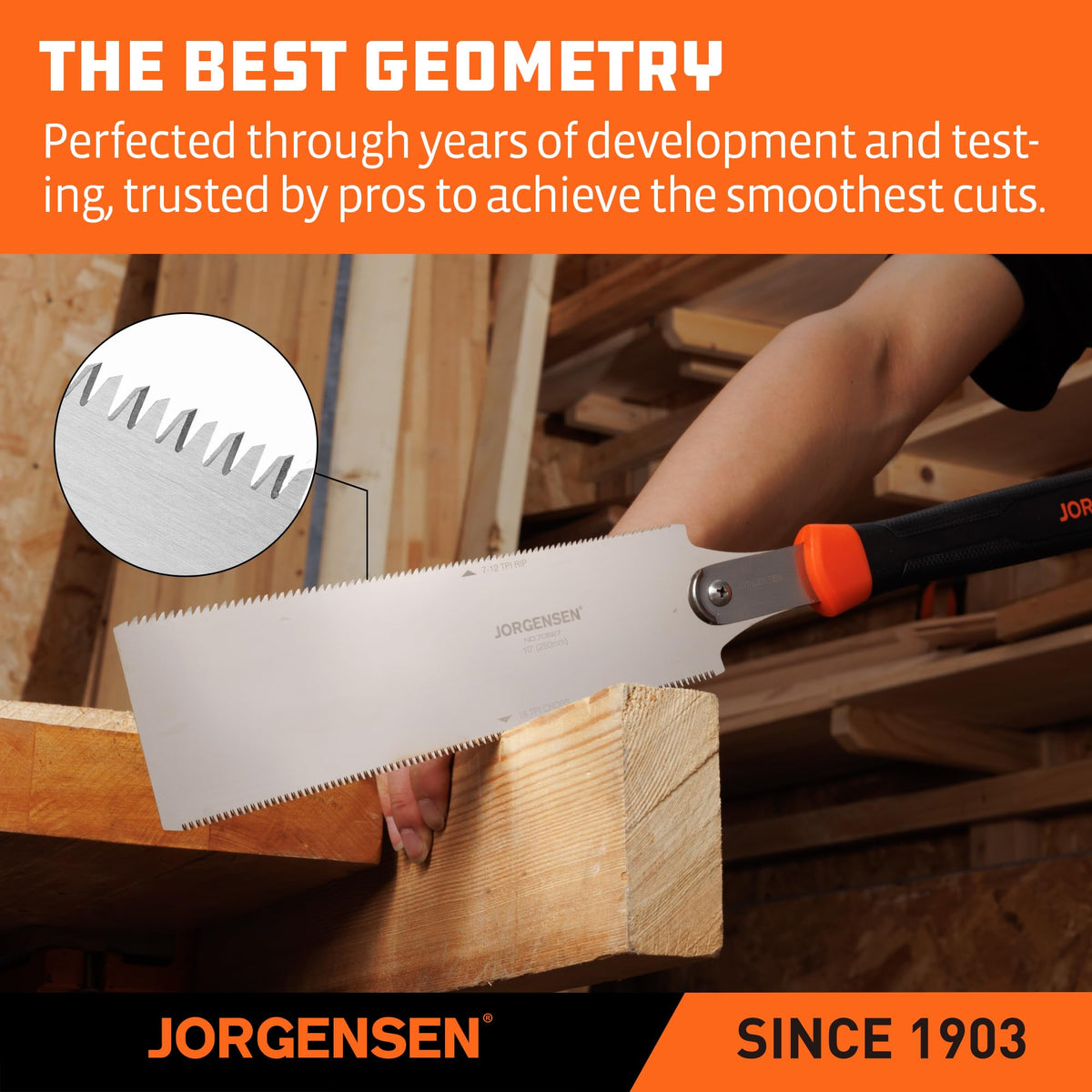 Jorgensen saw with coarse teeth side enables fast rip cuts along wood grain.