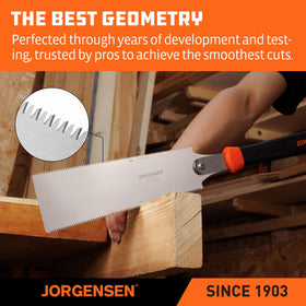 Jorgensen saw with coarse teeth side enables fast rip cuts along wood grain.
