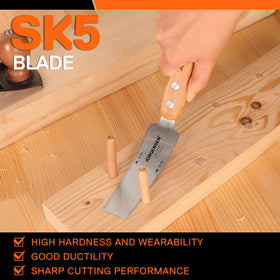 Jorgensen double-edge blade ensures quick rough cuts and fine finish work.