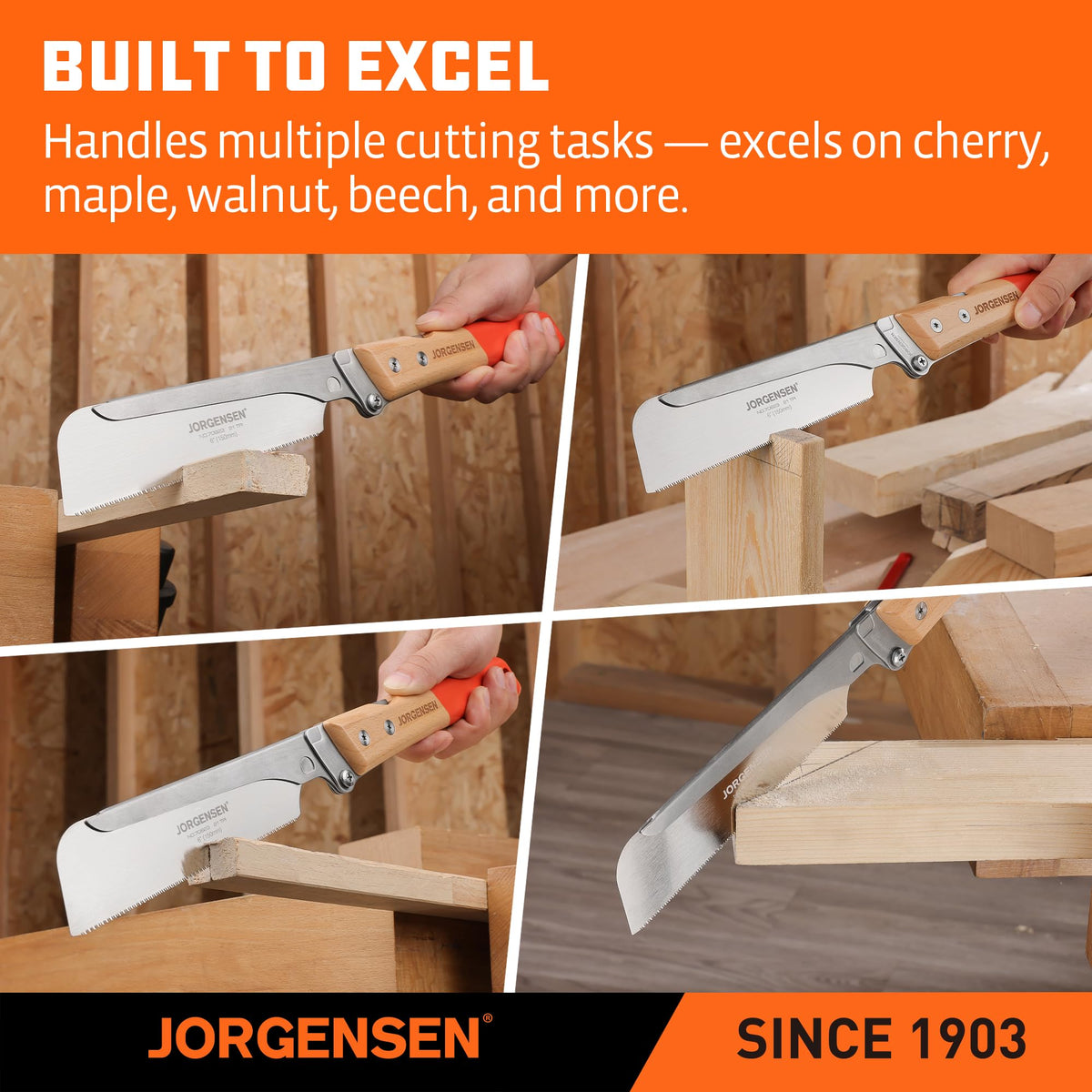 In-use shot of Jorgensen saw crafting clean dovetail joints