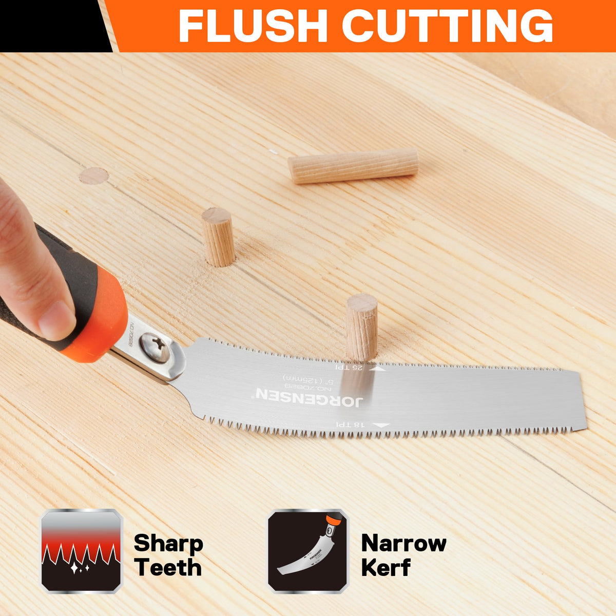 Jorgensen ergonomic non-slip handle reduces fatigue during lengthy trim jobs.