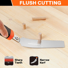 Jorgensen ergonomic non-slip handle reduces fatigue during lengthy trim jobs.