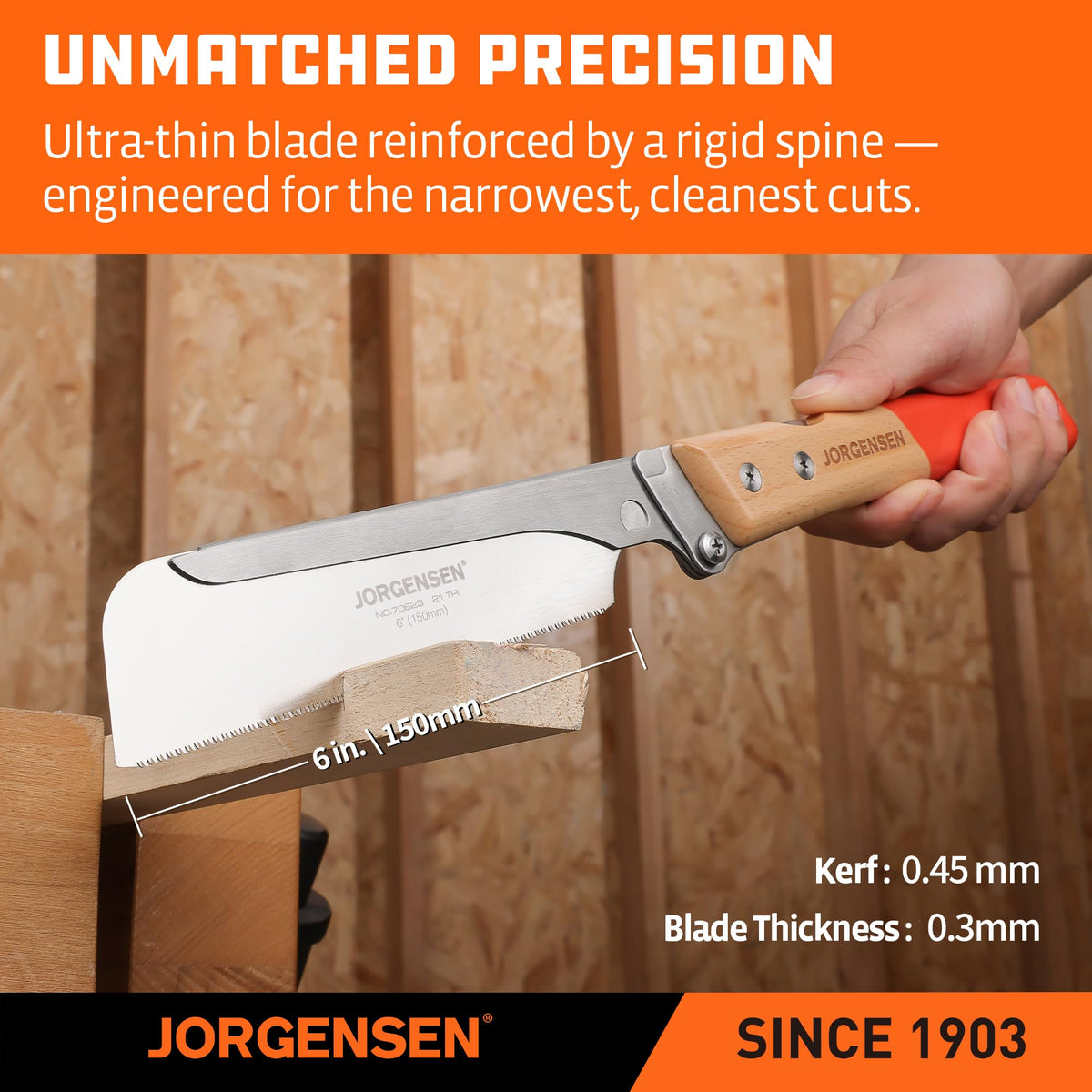European beech wood handle on Jorgensen saw for comfort