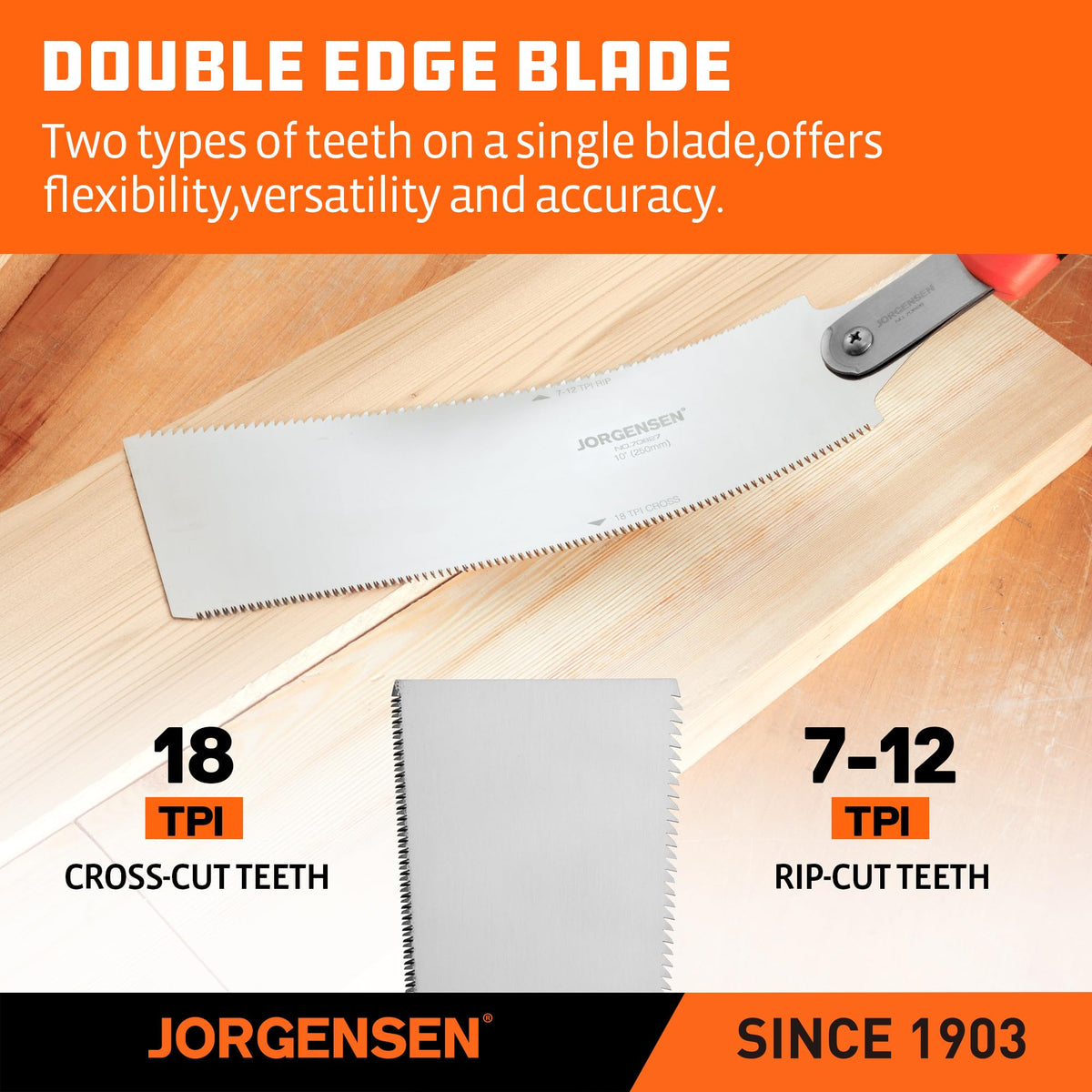 Jorgensen 18 TPI finish teeth for precise cross-cutting and clean edges.