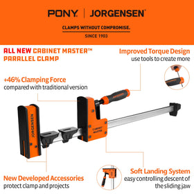 Jorgensen heavy-duty cabinet clamp jaw ensures even pressure during assembly.