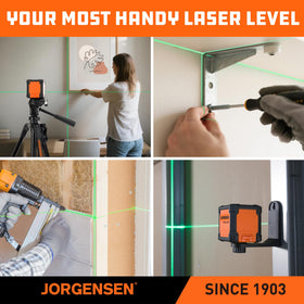 Jorgensen laser level aids indoor tasks like picture hanging and alignment.