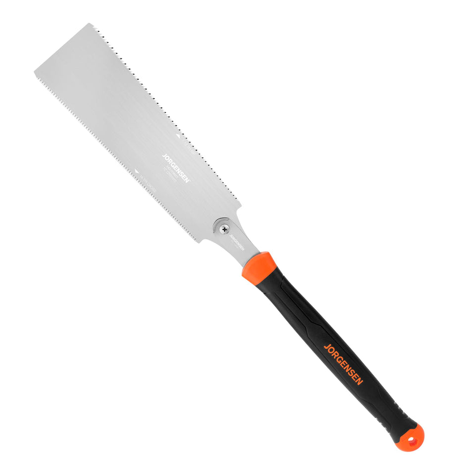 Jorgensen Japanese pull saw with 10-inch double-edge blade for versatile cutting applications.