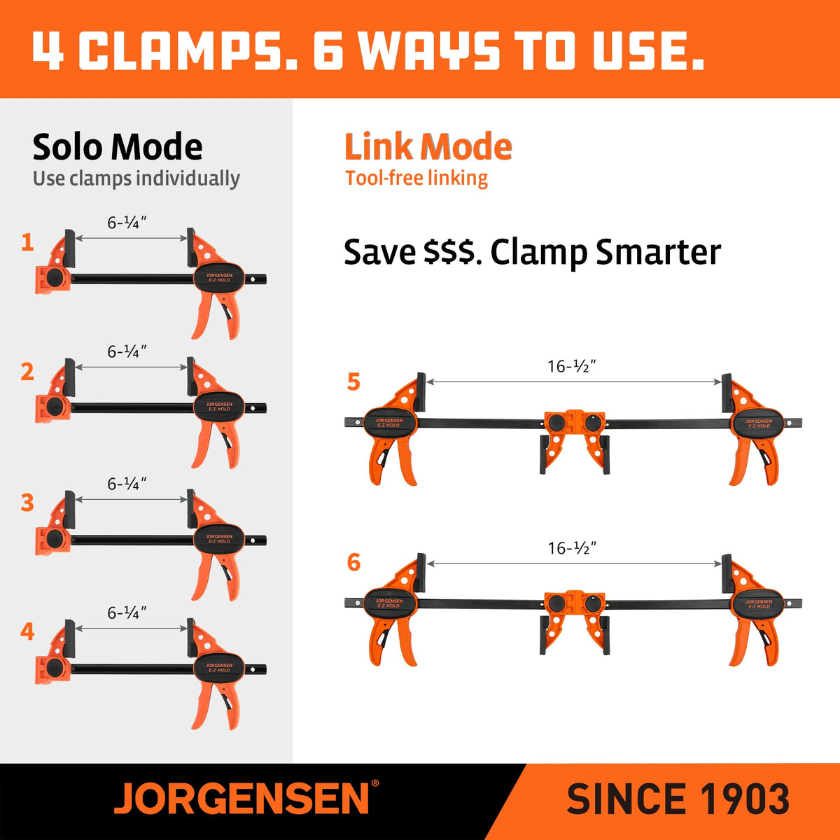 Jorgensen joined clamps extend opening for larger assemblies.
