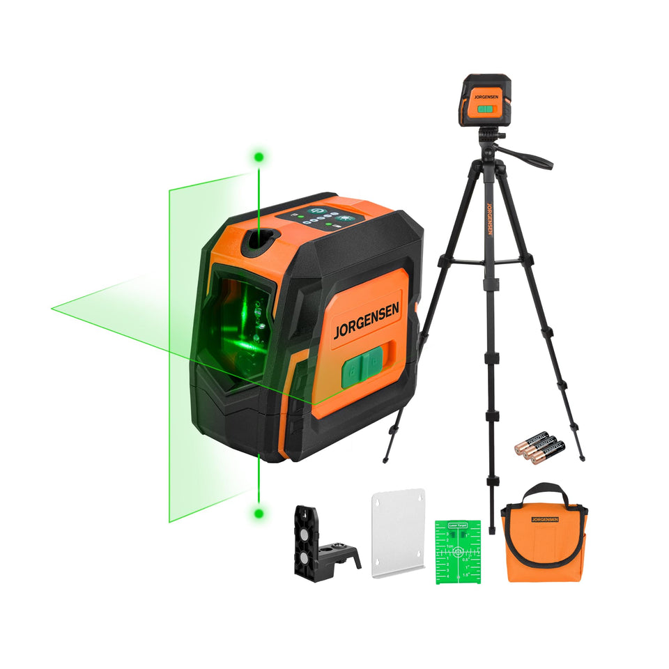 Jorgensen laser level with 100ft green line for precise alignment.