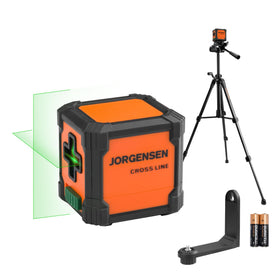 Jorgensen laser level with 65 ft green beam for precise indoor alignment.