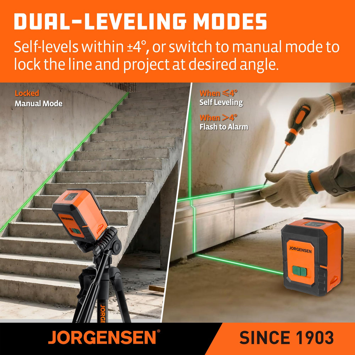 Jorgensen laser level cross-line display helps align shelves and frames.
