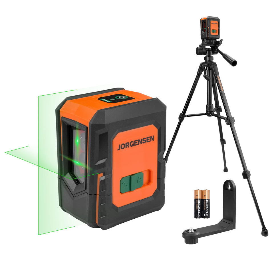 Jorgensen laser level green beam at 100 ft enables precise indoor layouts.