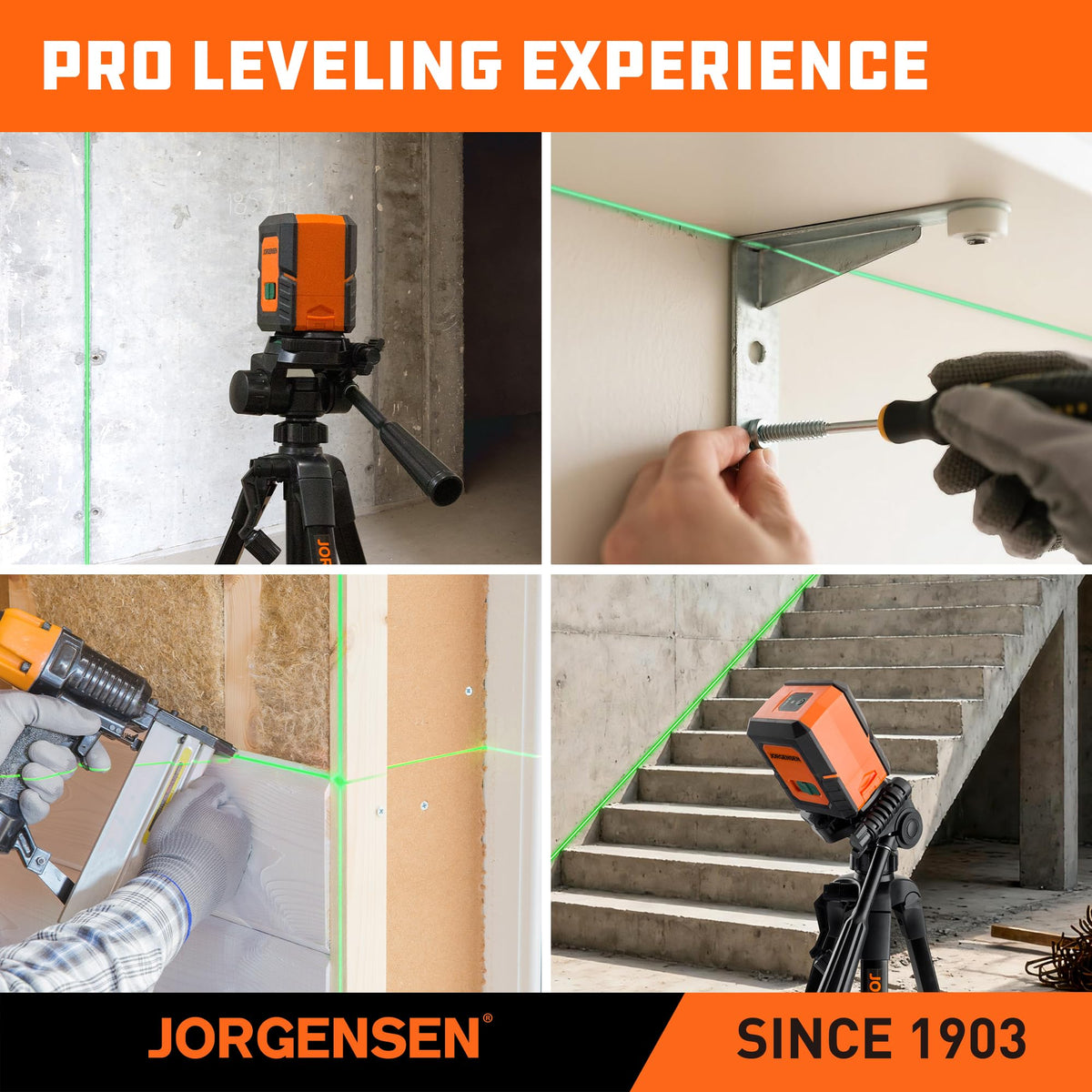 Jorgensen laser level kit includes essentials for immediate project setup.