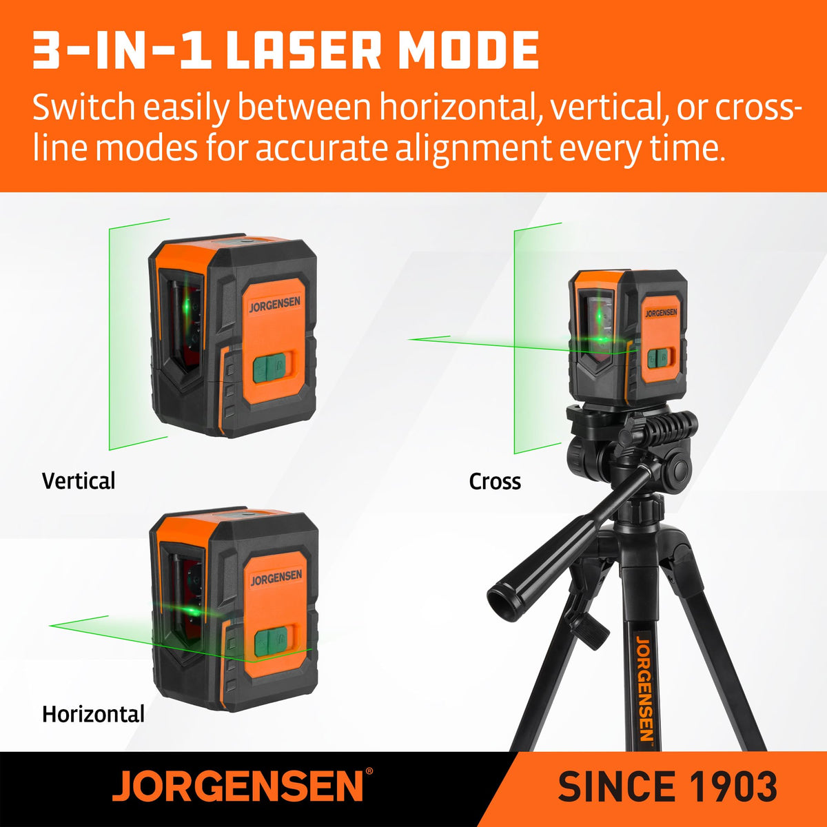 Jorgensen laser level magnetic base enables quick, hands-free alignment.