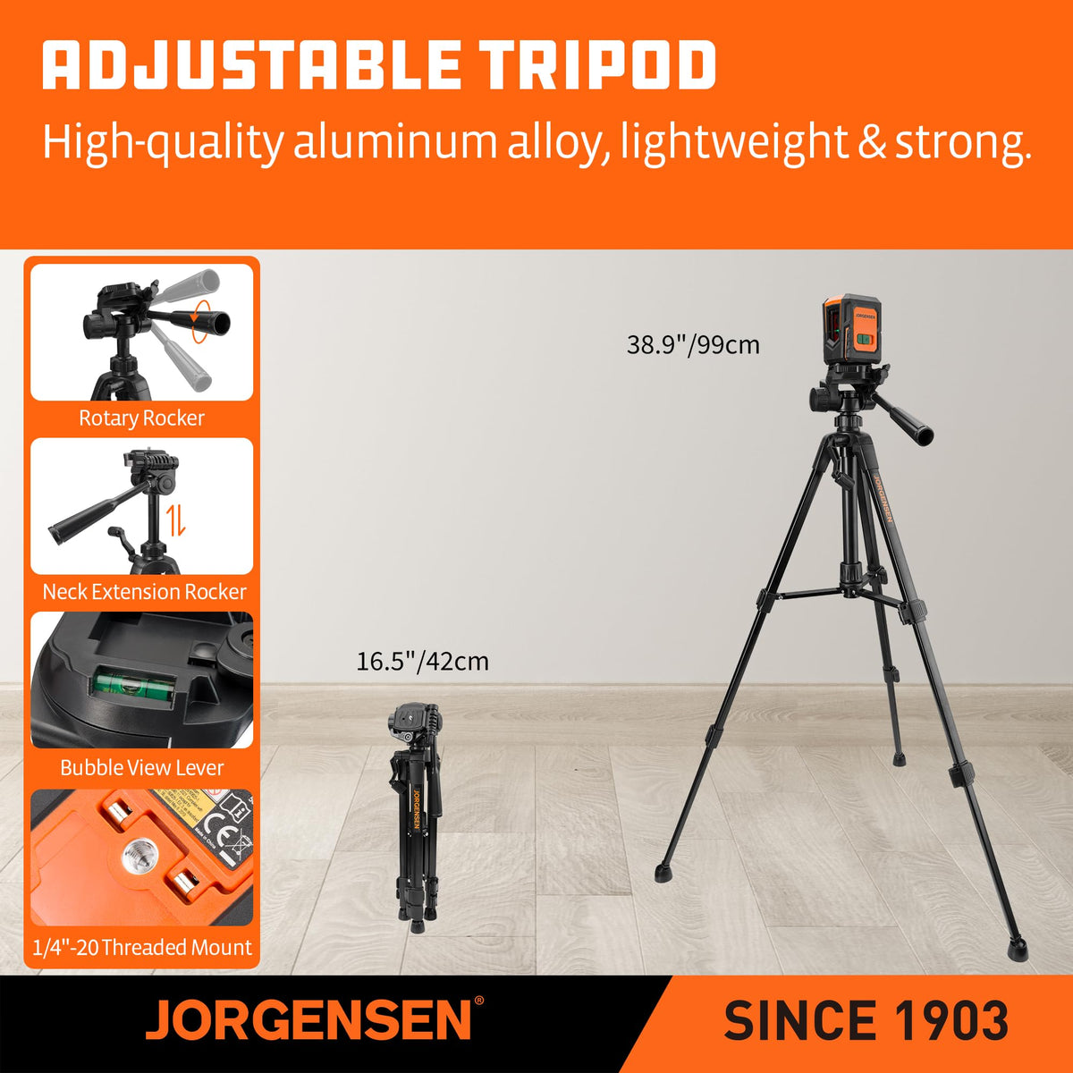 Jorgensen laser level compact design fits in a tool bag for on-the-go use.