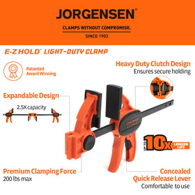 Jorgensen one-hand clamp design enables effortless positioning and quick tightening.