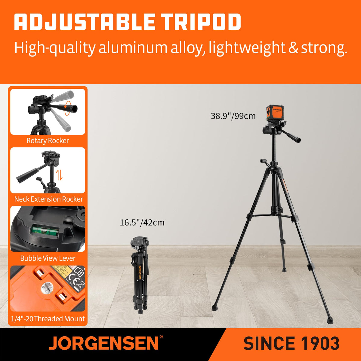 Jorgensen package includes level, tripod, bracket, batteries, and manual for ready setup.
