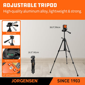 Jorgensen package includes level, tripod, bracket, batteries, and manual for ready setup.