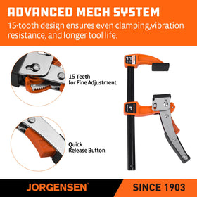 Jorgensen power-bar quick-adjust feature speeds setup and clamping.