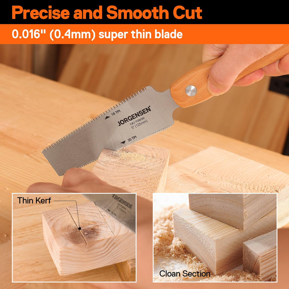 Jorgensen precise 5-inch blade ideal for rip and cross cuts.