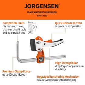 Jorgensen quick release button enables one-handed clamp release.