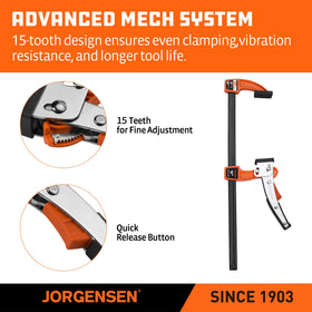 Ratcheting bar clamp supports precise woodworking alignment.