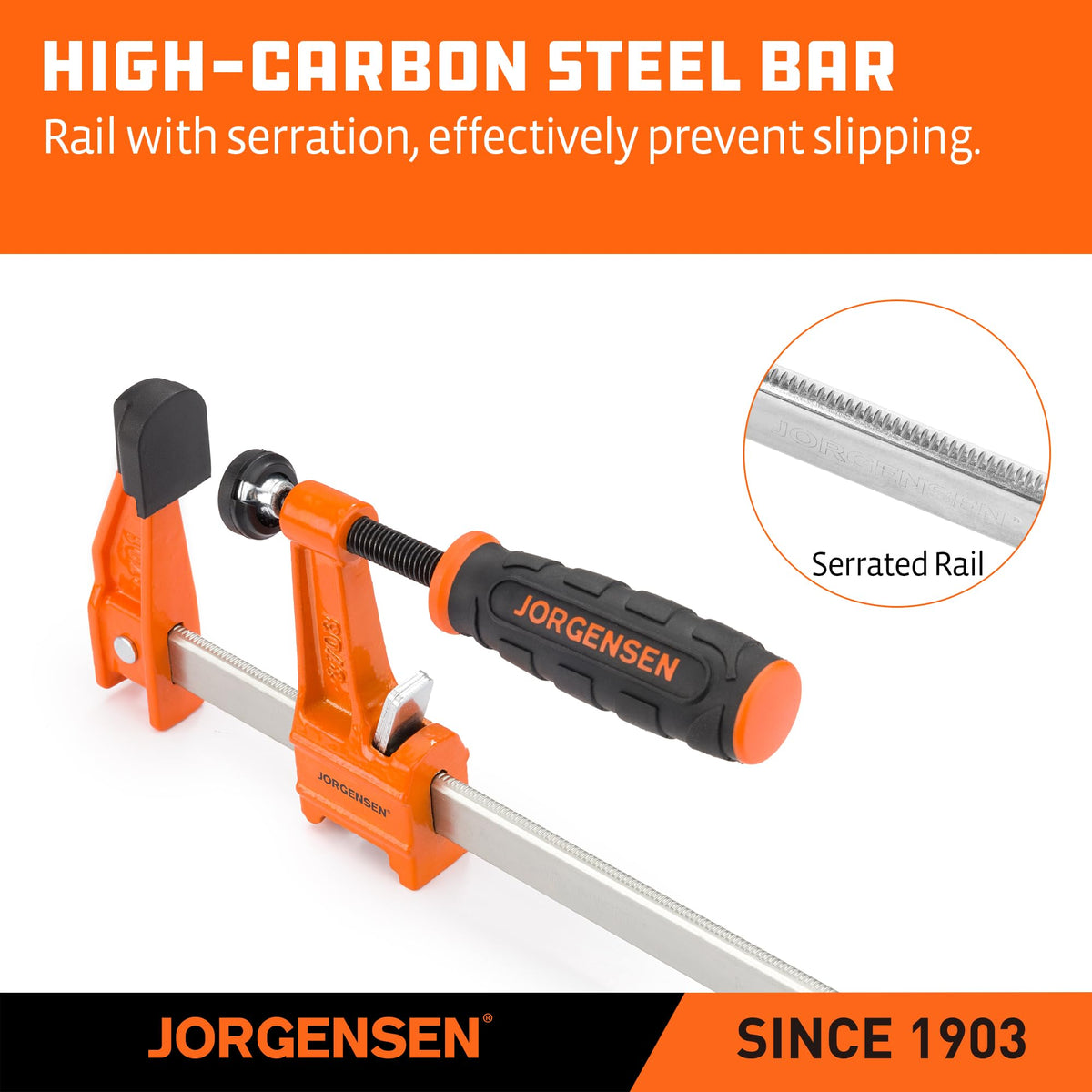 Jorgensen rust-resistant plated steel and orange enamel finish resist corrosion in workshops.