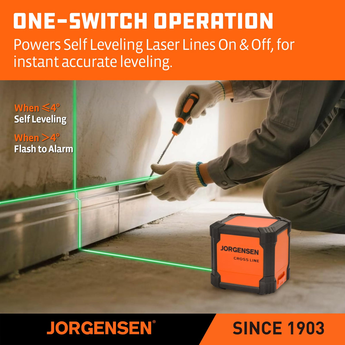 Jorgensen self-leveling with flash indicator helps maintain accuracy during setup.