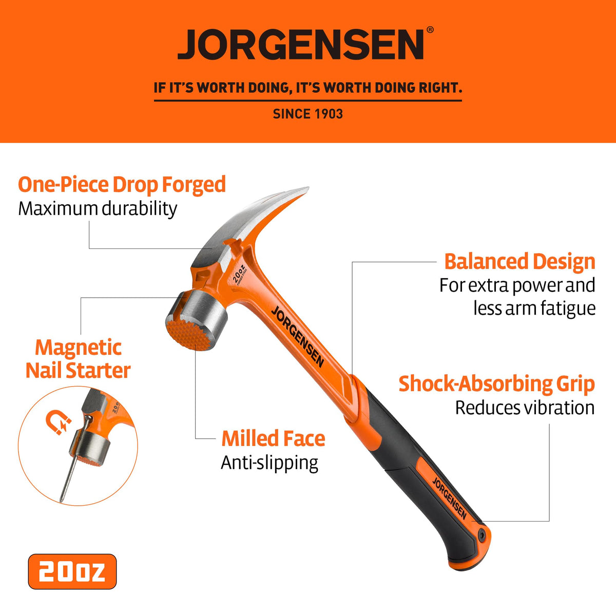 Jorgensen straight claw hammer with side nail puller for quick nail removal