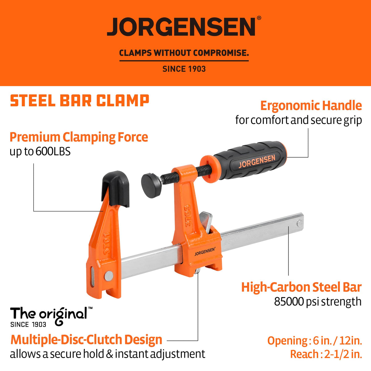 Jorgensen sliding head design clamps quickly adjust and lock for faster setups.
