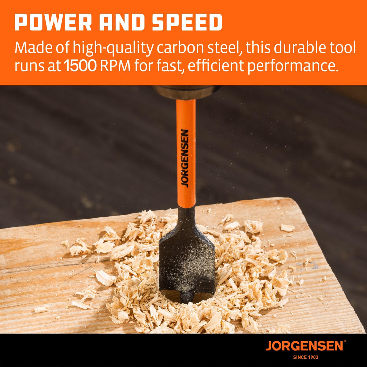 Jorgensen 1/4-inch hex shank spade bits designed for quick-change drills.