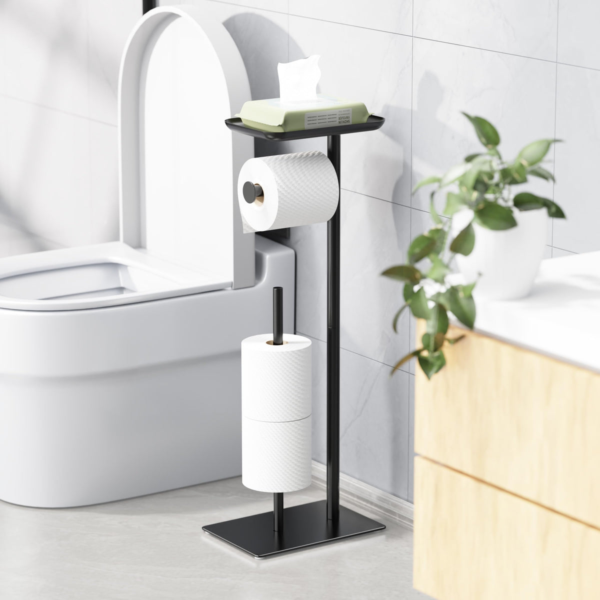 Josmimic toilet paper holder stand with top shelf for easy access and organization