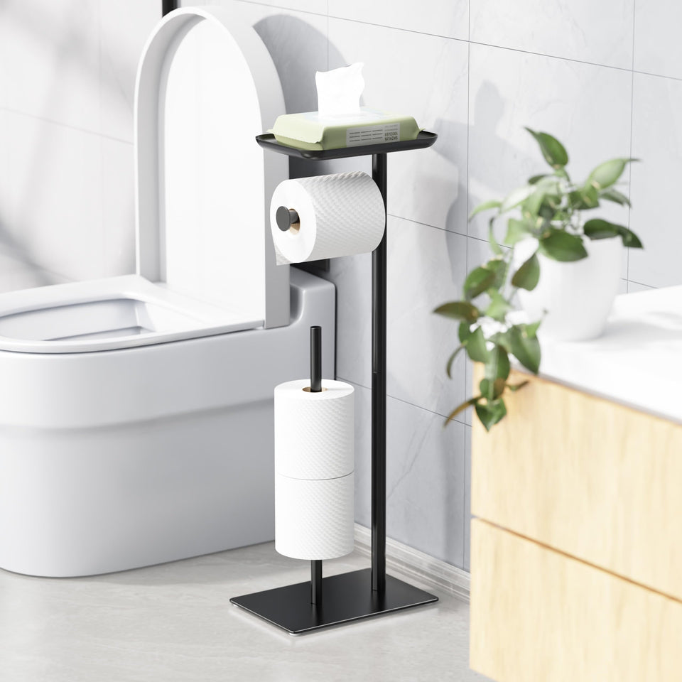 Josmimic toilet paper holder stand with top shelf for easy access and organization