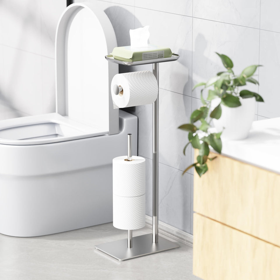 Josmimic toilet paper holder stand with top shelf offering convenient bathroom storage